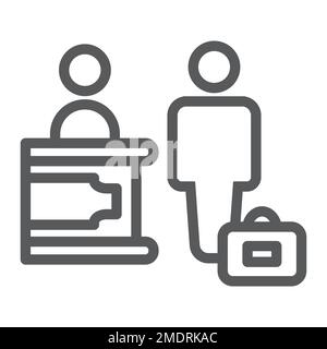 Icona della linea di check-in, hotel e servizio, cartello di ricezione, grafica vettoriale, un motivo lineare su sfondo bianco, eps 10. Illustrazione Vettoriale