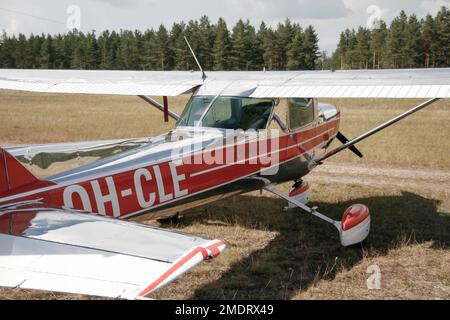 Aeroplani a terra in flyshow. Splendidi velivoli colorati in rosso, blu e cromo brillano al sole sul campo d'erba. Foto Stock