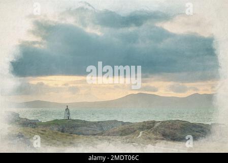 Il faro dell'isola di Llanddwyn. TWR Bach Digital Watercolor painting a Ynys Llanddwyn ad Anglesey, Galles, Regno Unito. Foto Stock