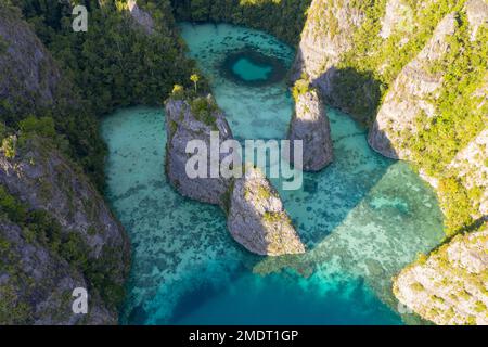 Le isole rocciose, composte di calcare, sorgono dal mare tropicale in Raja Ampat, Indonesia. Queste isole sono antiche barriere coralline innalzate. Foto Stock