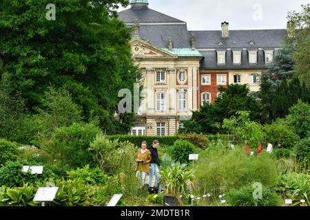 Giardino Botanico, Castello, edificio principale Westphalian Wilhelms University, Muenster, Nord Reno-Westfalia, Germania Foto Stock