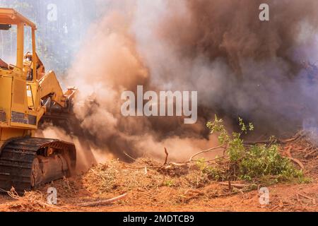 Vi è un cantiere edile che brucia le foreste sradicate al fine di creare siti abitabili Foto Stock