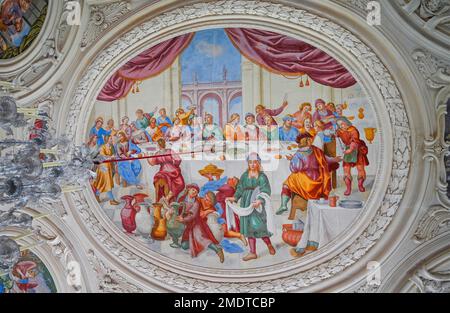 Sala Imperiale dell'Abbazia Imperiale, pittura a soffitto matrimonio di Cana, Abbazia Benedettina Corvey, Hoexter, Nord Reno-Westfalia, Germania Foto Stock