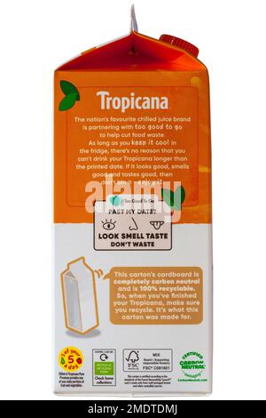 Informazioni sulla scatola di Tropicana Orange con parti extra succose isolate su sfondo bianco - succo d'arancia bevanda Foto Stock