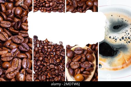 Collage di foto con chicchi di caffè tostati. Sfondo banner, selezione di diversi tipi di caffè. Spazio di copia Foto Stock