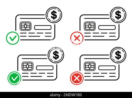 Annulla e approvato il pagamento con carta di credito, accetta o rifiuta l'icona della linea di trasferimento di denaro online. Pagamento di shopping senza contanti finanziari. Errore incrociato. Vettore Illustrazione Vettoriale