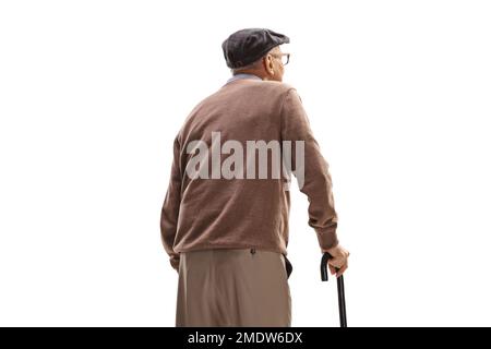 Uomo anziano in piedi con una canna da zucchero isolato su sfondo bianco Foto Stock