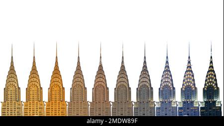 Chrysler Building West (Lexington Ave.) facciata, 7:40-8:54pm, 25 luglio 2015 da nord (W42nd St.) gradini della Biblioteca pubblica di NY - pre-one Vanderbilt. Foto Stock