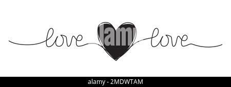 Doodle cuore e parola AMORE mano scritto con linea sottile, divisore forma stile scricbble. Isolato su sfondo bianco. Illustrazione vettoriale Illustrazione Vettoriale