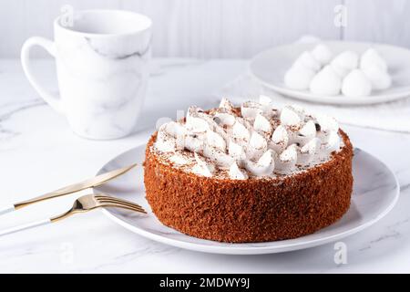 Perfetta torta di tiramisù fatta in casa cosparsa di polvere di cacao Foto Stock