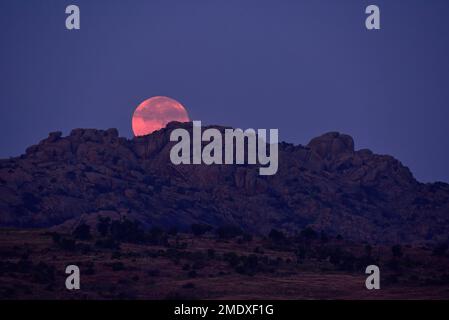 Luna piena dietro colline rocciose all'alba, Wichita Mountains Wildlife Refuge, Oklahoma Foto Stock