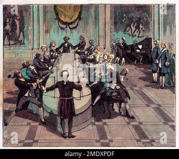Le docteur Franz Anton Mesmer (1734-1815), medecin autrichien, reunissait ses malades autour d'un bacquet magnétique. Gravure pour Illustrer 'Paris à travers les siècles' par H.Gourdon de Genouillac, F.Roy éditeur, Paris, 1882. Foto Stock