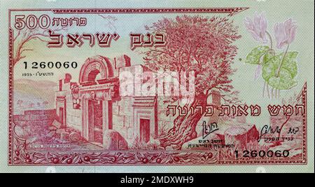 Vintage (1955) valuta di Israele: Cinquecento Pruta Bill, Banca d'Israele, prima edizione, Front Side Foto Stock