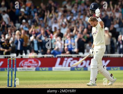 England captain Joe Root celebrates scoring a century during the fourth day of first test cricket match between England and India, at Trent Bridge in Nottingham, England, Saturday, Aug. 7, 2021. (AP Photo/Rui Vieira)