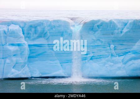 Cascata ai margini del ghiacciaio Brasvellbreen dalla calotta di ghiaccio Austfonna che si sfuggita nel Mare di Barents, Nordaustlandet, Svalbard / Spitsbergen Foto Stock