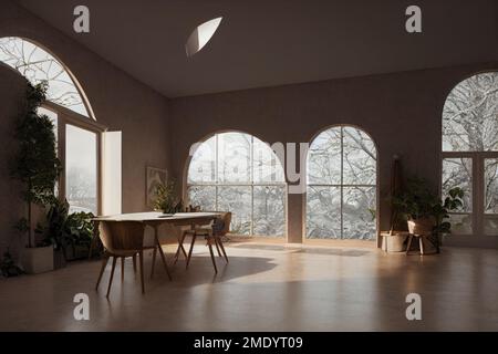 Una lussuosa Sala da pranzo Spagnola con grandi finestre Arch moderne all'ora d'Oro Foto Stock