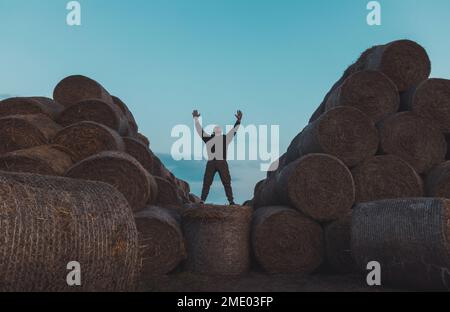 l'uomo che alza le mani si erge su una piramide di fieno Foto Stock