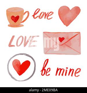 Acquerello Illustrazione Set di elementi di amore e cuore Illustrazione Vettoriale