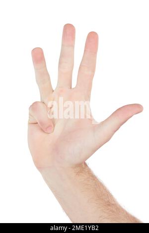 Mani, numero quattro e uomo in studio per linguaggio dei segni, conto alla rovescia o gesti su sfondo bianco. Mano, ragazzo e comunicazione con le dita per Foto Stock