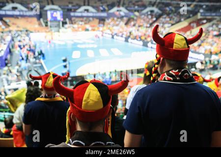 Kattowitz, Polonia. 23rd Jan, 2023. Pallamano: Coppa del mondo, Germania - Norvegia, Main Round, Gruppo 3, Giornata 3 a Spodek, i tifosi tedeschi guardano la partita. Credit: Jan Woitas/dpa/Alamy Live News Foto Stock