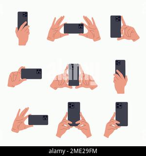 tenere in mano un telefono cellulare utilizzando vari programmi e applicazioni. Illustrazione del vettore piatto isolata su sfondo bianco Illustrazione Vettoriale