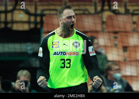 Kattowitz, Polonia. 23rd Jan, 2023. Pallamano: Coppa del mondo, Germania - Norvegia, Main Round, Gruppo 3, Giornata 3 a Spodek, reagisce il portiere tedesco Andreas Wolff. Credit: Jan Woitas/dpa/Alamy Live News Foto Stock