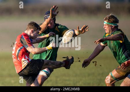 Dorset - Inghilterra. Sabato, 21st, Gennaio, 2023. Avonvale giocatore calcio palla come lui è caricato dall'avversario. Foto Stock