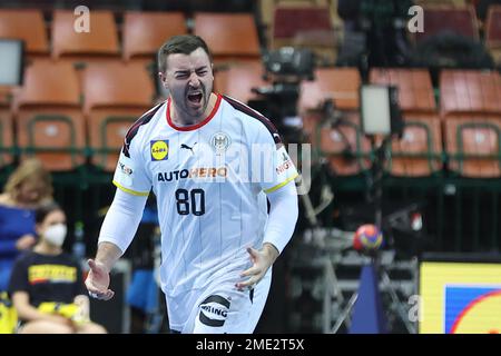 Kattowitz, Polonia. 23rd Jan, 2023. Pallamano: Coppa del mondo, Germania - Norvegia, Main Round, Gruppo 3, Giornata 3 a Spodek, la tedesca Jannik Kohlbacher reagisce. Credit: Jan Woitas/dpa/Alamy Live News Foto Stock