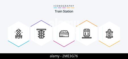 Stazione ferroviaria 25 linea pacchetto icone incluso il treno. allenati. allenati. ferrovia. pianta Illustrazione Vettoriale