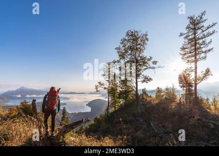 Germania, Baviera, escursionista femminile ammirando la vista del lago Walchensee, all'alba Foto Stock