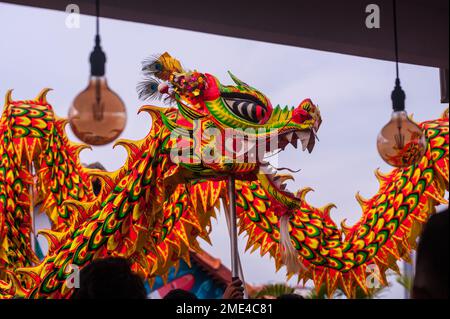 Ballo del drago presso uno skybar per il Capodanno cinese, 'anno del coniglio'. Phnom Penh, Cambogia. © Kraig Lieb Foto Stock