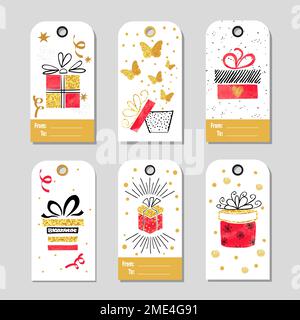 Set di etichette regalo di Natale con confezioni regalo disegnate a mano. Collezione vettoriale di etichette per scarabei nei colori rosso, oro e nero. Illustrazione Vettoriale