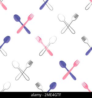 Posate acquerello motivo senza cuciture nei colori rosa e viola. Sfondo vettoriale con cucchiai e forcelle. Illustrazione Vettoriale