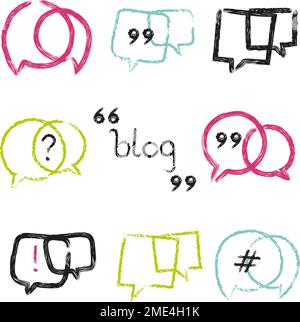 Set di logo del blog disegnato a mano. Icone colorate a forma di bolle vocali quadrate e circolari per blog, chat, design di forum. Illustrazione vettoriale. Illustrazione Vettoriale