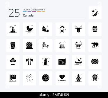 Pacchetto icone Canada 25 Solid Glyph con renne. artico. mappa. alpino. fuoco luogo Illustrazione Vettoriale
