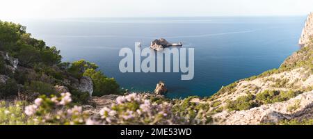 Spagna, Isole Baleari, Vista panoramica dell'arco roccioso di Ses Margalides e del mare circostante visto dalla scogliera costiera Foto Stock