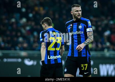 Milano, Italia. 23rd gennaio 2023. Milano Skriniar del FC Internazionale guarda durante la Serie Italiana Una partita di calcio FC Internazionale vs Empoli a Milano il 23 gennaio 2023 Credit: Piero Crociatti/Alamy Live News Foto Stock