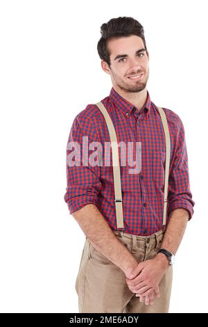 Nerd, geek e ritratto di un hippster in studio con sfondo bianco isolato con una barba. Abiti di stile sorridente, intelligente e nerdy di maschio in piedi Foto Stock