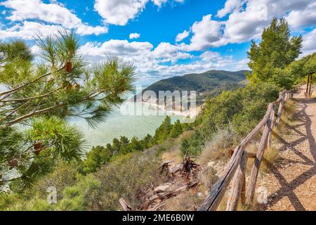 Stupende isolette Faraglioni di Puglia in estate baia mare Adriatico Baia delle Zagare. Mattinata Faraglioni e costa di Mergoli, Vieste Garg Foto Stock