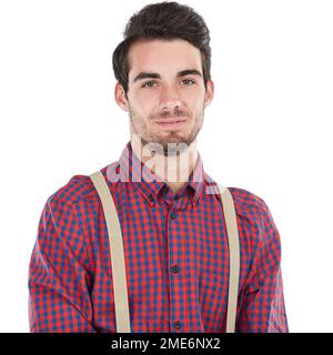 Sorriso, uomo e ritratto di un nerd o geek con sfondo bianco isolato e felice. Abiti sorridenti, eleganti e nerdy di un uomo in piedi Foto Stock