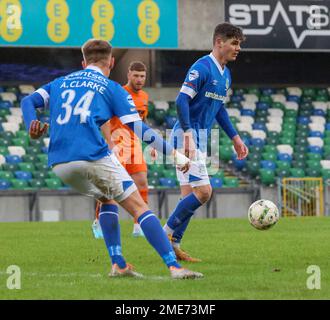 Windsor Park, Belfast, Irlanda del Nord, Regno Unito. 21 gennaio 2023. Danske Bank Premiership – Linfield 3 Ballymena United 0. Giocatore di calcio Linfield in azione Max Haygarth (21). Foto Stock