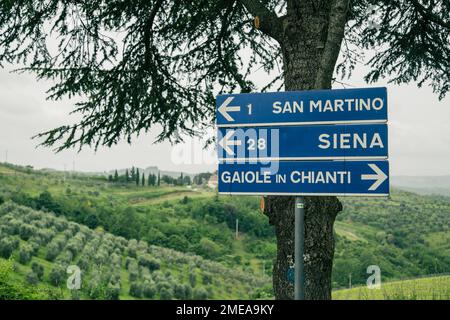 Cartelli stradali in Toscana che portano a Gaiole in Chianti, San Martino al vento e Siena, Italia Foto Stock