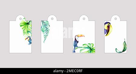 Set di tag con uccelli tropicali e foglie acquerello illustrazione isolato. Toucans, palme, piante colorate dipinte a mano. Design per vendita badge Foto Stock