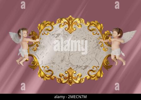 Elegante cornice vintage con cupido per matrimoni, San Valentino e altre vacanze. Elemento decorativo nello stile dell'incisione vintage con Ba Foto Stock