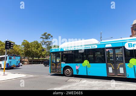 Autobus a emissioni zero Sydney Australia, il programma governativo NSW di tutti gli autobus elettrici a emissioni zero per sostituire gli autobus diesel e a idrogeno entro il 2035 Foto Stock