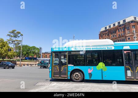 Autobus a emissioni zero Sydney Australia, il programma governativo NSW di tutti gli autobus elettrici a emissioni zero per sostituire gli autobus diesel e a idrogeno entro il 2035 Foto Stock