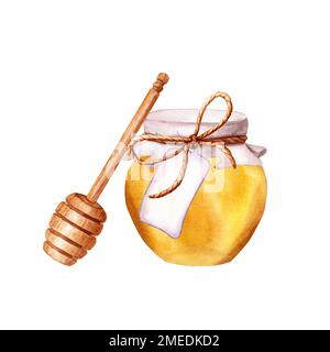 Vaso di miele e bastone di miele di legno. Illustrazione acquerello isolata su bianco Foto Stock
