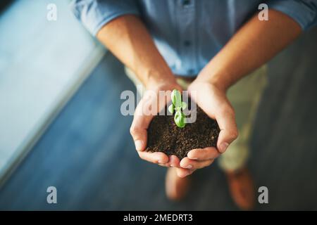 Tutti i sogni devono essere nutriti per primi. Primo piano di un uomo d'affari irriconoscibile che tiene una pianta che cresce dal suolo. Foto Stock