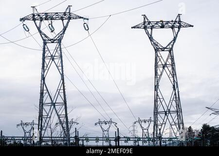 Francia, Lentilly, 2023-01-03. Primo piano di un pilone elettrico. Fotografia di Franck CHAPOLARD Foto Stock