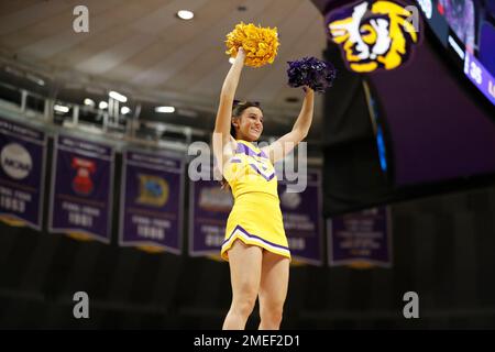 Baton Rouge, Stati Uniti. 18th Jan, 2023. Un cheerleader della LSU si esibisce durante il timeout di una partita di pallacanestro del college presso il Pete Maravich Assembly Center di Baton Rouge, Louisiana, mercoledì 18 gennaio 2022. (Foto di Peter G. Forest/Sipa USA) Credit: Sipa USA/Alamy Live News Foto Stock